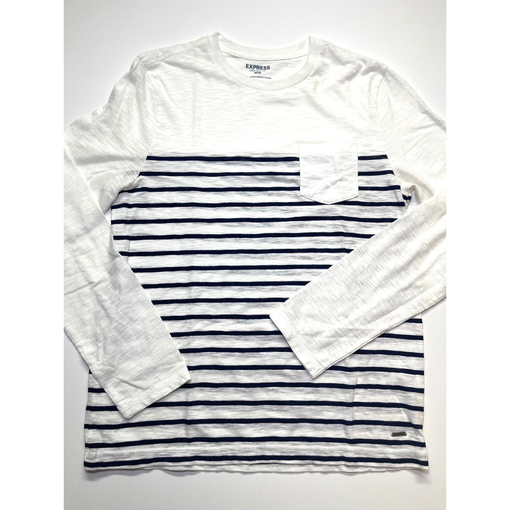 Express Mens Medium Long Sleeve Striped Pocket Crew Neck Tee White Navy Blue 320 - Picture 3 of 9